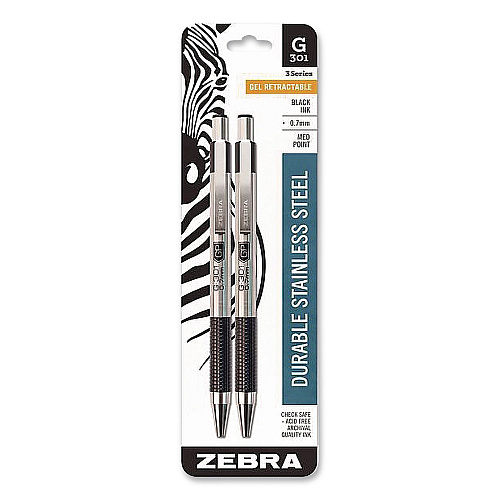 Zebra G-301 Gel Pen, Retractable, Medium 0.7 mm, Black Ink, Stainless Steel/Black Barrel, 2/Pack (41312)