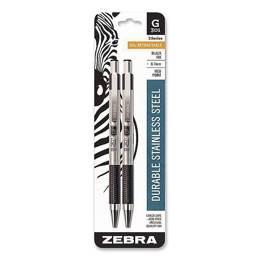 Zebra G-301 Gel Pen, Retractable, Medium 0.7 mm, Black Ink, Stainless Steel/Black Barrel, 2/Pack (41312)