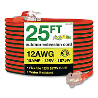 GoGreen Power 12 AWG Lighted End Heavy-Duty Extension Cord, 25 ft, 15 A, Orange/Black (GG14025)
