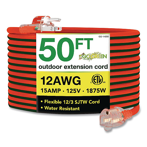 GoGreen Power 12 AWG Lighted End Heavy-Duty Extension Cord, 50 ft, 15 A, Orange/Black (GG14050)