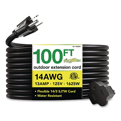 GoGreen Power 14 AWG Heavy-Duty Extension Cord, 100 ft, 13 A, Black (GG13800BK)