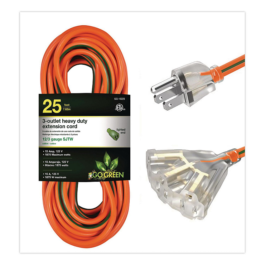 GoGreen Power 12 AWG 3-Outlet Heavy-Duty Extension Cord, 25 ft, 15 A, Orange (GG15225)