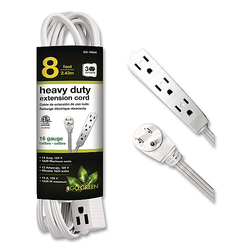 GoGreen Power 3 Outlet Indoor Extension Cord, 8 ft, 13 A, White (GG19608)