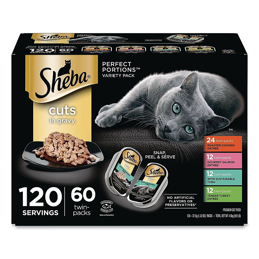 Sheba Perfect Portions Variety Twin Packs, Assorted Flavors, 1.32 oz Can, 60/Carton (22002668)