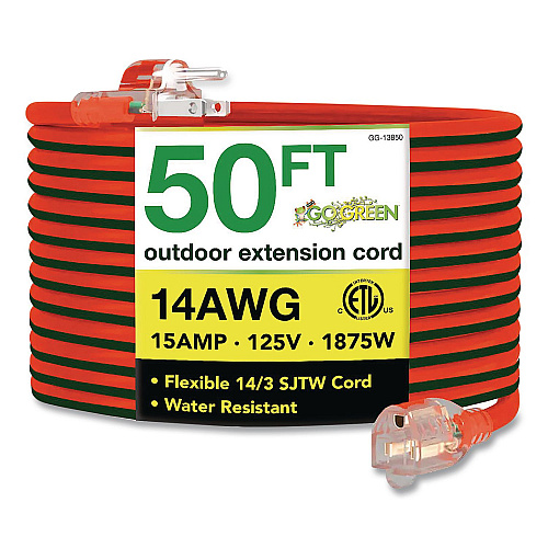 GoGreen Power 14 AWG Outdoor Extensioin Cord, 50 ft, 15 A, Orange (GG13850)