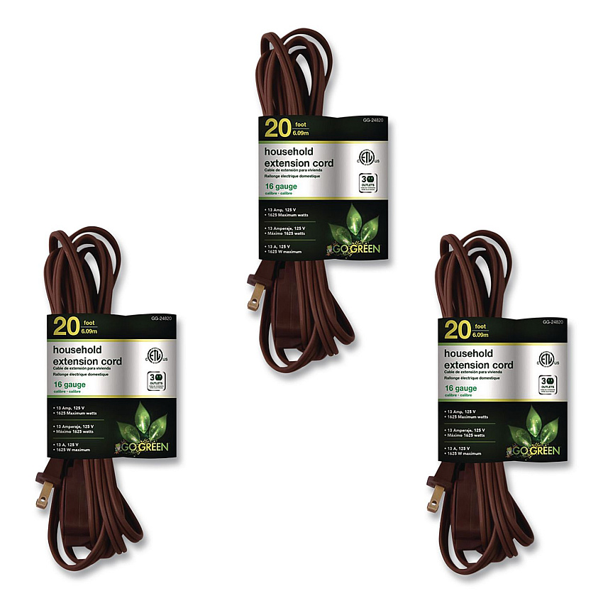 GoGreen Power Household Extension Cord, 20 ft, 13 A, Brown, 3/Pack (GG248203)