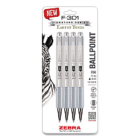 Zebra F-301 Signature Series Earthy Tones Ballpoint Pen, Retractable, Fine 0.7 mm, Black Ink, Pewter Barrel, 4/Pack (27214)
