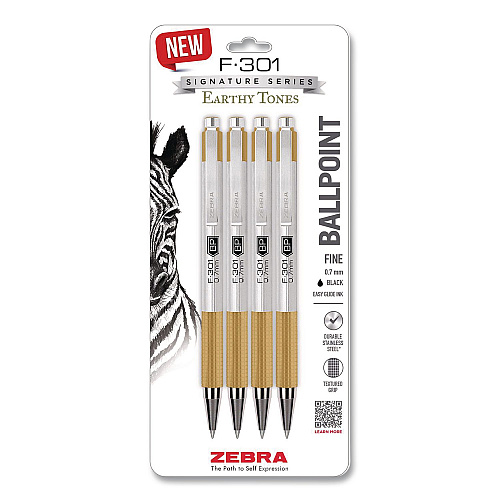 Zebra F-301 Signature Series Earthy Tones Ballpoint Pen, Retractable, Fine 0.7 mm, Black Ink, Sandstone Barrel, 4/Pack (27254)