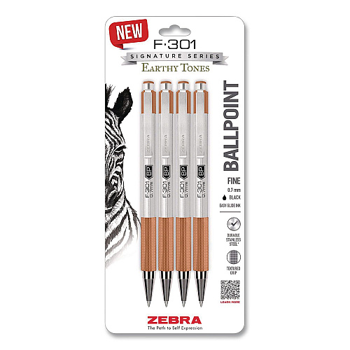 Zebra F-301 Signature Series Earthy Tones Ballpoint Pen, Retractable, Fine 0.7 mm, Black Ink, Terracotta Barrel, 4/Pack (27294)