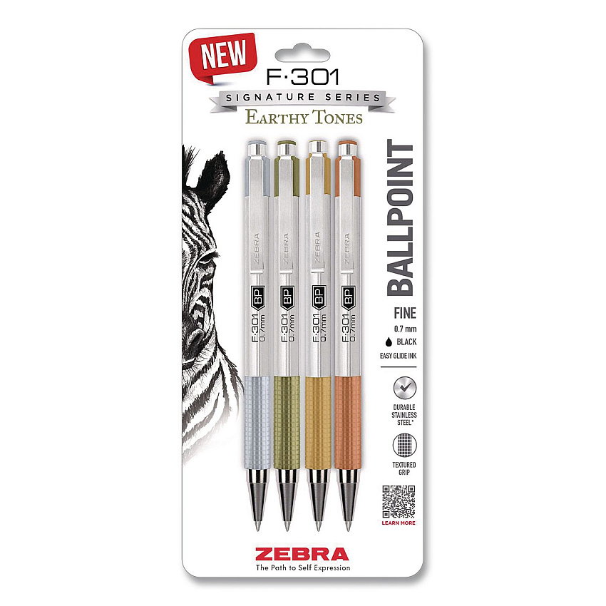 Zebra F-301 Signature Series Earthy Tones Ballpoint Pen, Retractable, Fine 0.7 mm, Black Ink, Assorted Earthy Tones Barrel, 4/Pack (27304)