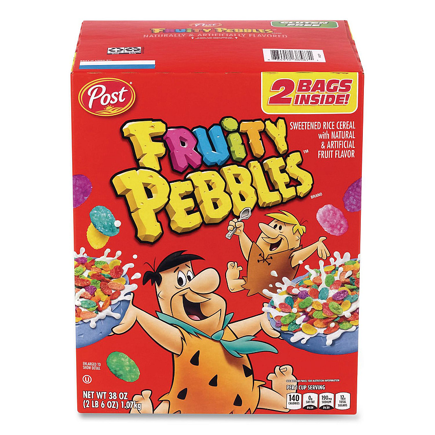 Post Fruity Pebbles Crispy Rice Cereal, 2 Bags/Box, 38 oz Box (22002627)