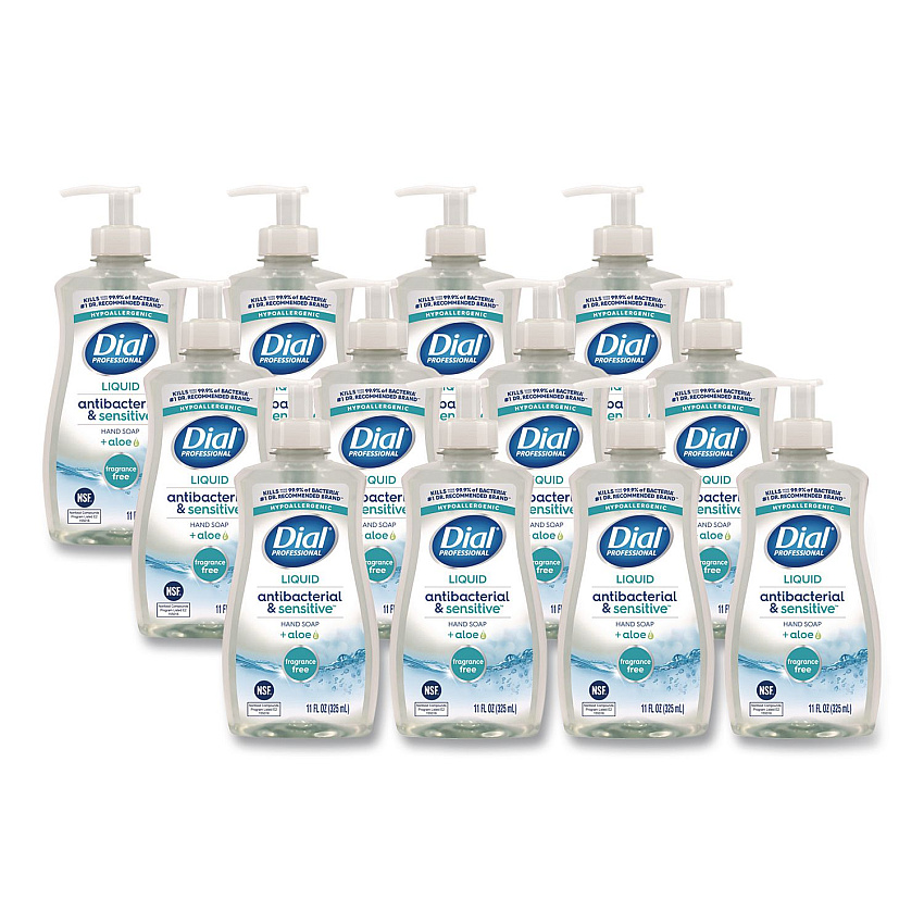 Dial Antibacterial and Sensitive Fragrance-Free Liquid Hand Soap, Unscented, 11 oz, 12/Carton (35476)