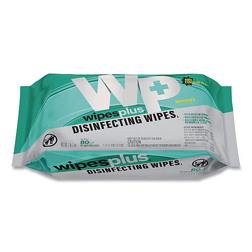 Carlisle WipesPlus Disinfecting Surface Wipes, 1-Ply, 7 x 8, Lemon, White, 80 Wipes/Refill Pack, 12 Packs/Carton (37701)