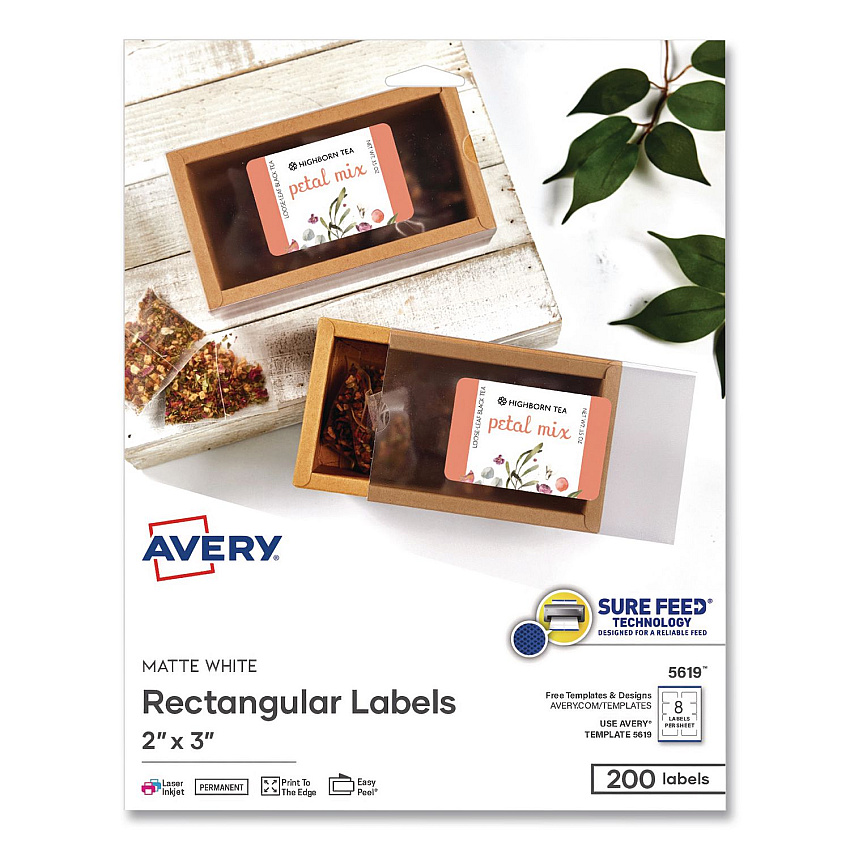 Avery Rectangular Labels with Sure Feed Technology, Inkjet/Laser, 2 x 3, Matte White, 8 Labels/Sheet, 25 Sheets/Pack (05619)