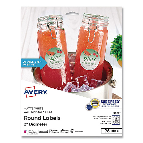 Avery Waterproof Round Labels with Sure Feed Technology, Laser/Pigment-Based Inkjet, 2" dia, Matte White, 12/Sheet, 8 Sheets/Pack (05657)