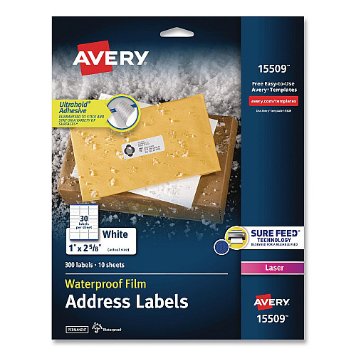 Avery Waterproof Film Address Labels with Sure Feed Technology. Laser, 1 x 2.63, White, 30/Sheet, 10 Sheets/Pack (15509)