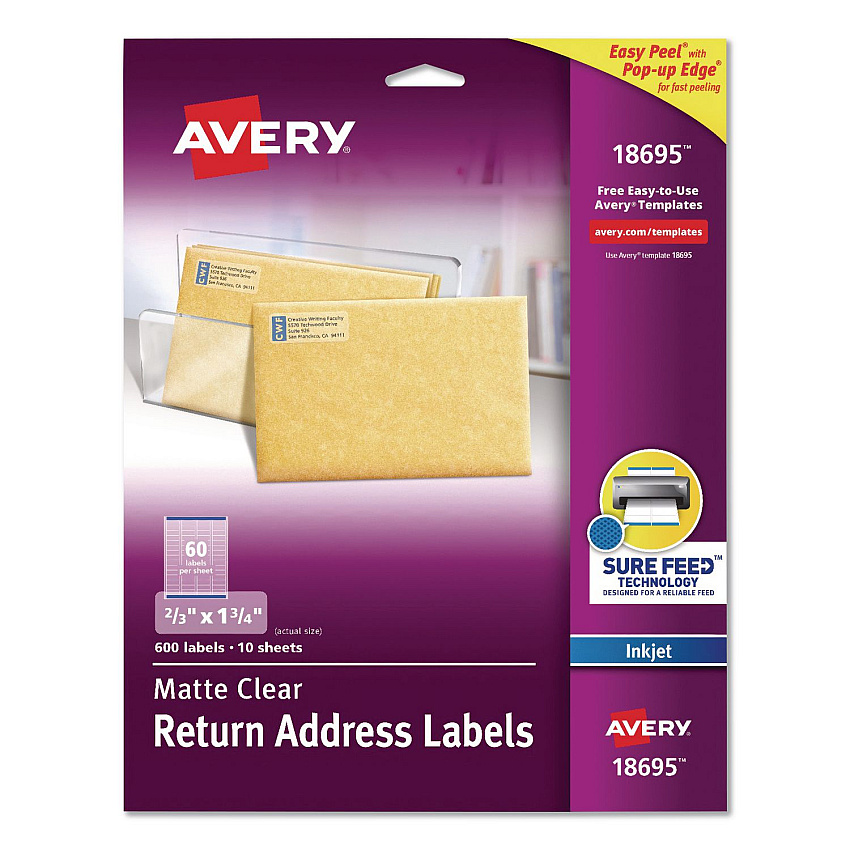 Avery Easy Peel Return Address Labels with Sure Feed Technology, Inkjet, 0.66 x 1.75, Matte Clear, 60/Sheet, 10 Sheets/Pack (18695)