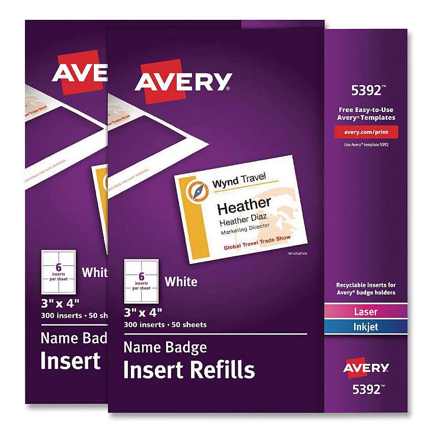Avery Name Badge Insert Refills, Horizontal, 3 x 4, White, 600/Pack (35392)