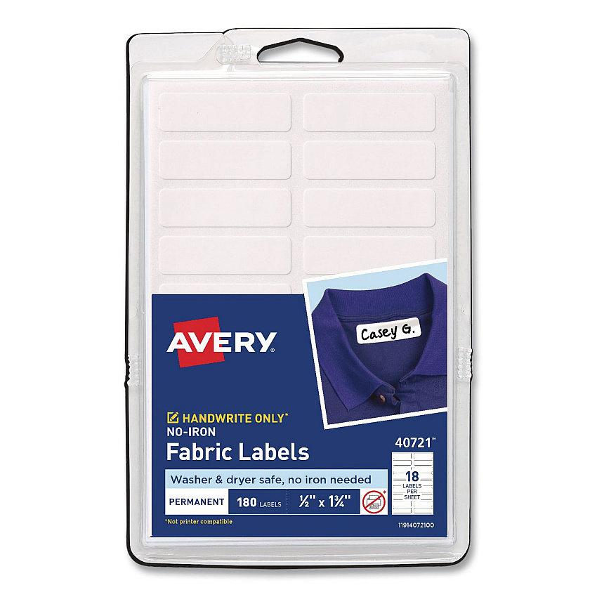 Avery No-Iron Fabric Labels, Handwrite Only, 0.5 x 1.75, White, 18/Sheet, 10 Sheets/Pack (40721)