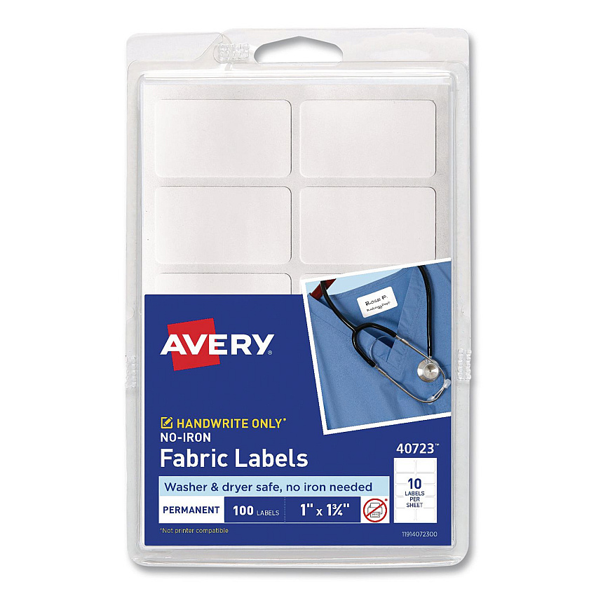 Avery No-Iron Fabric Labels, Handwrite Only, 1 x 1.75, White, 10/Sheet, 10 Sheets/Pack (40723)