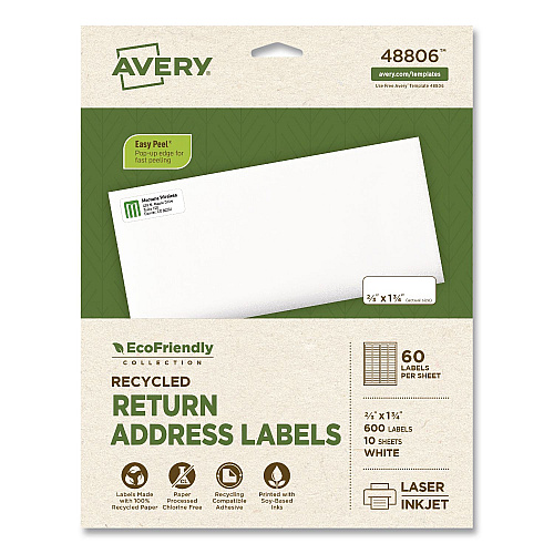 Avery EcoFriendly Recycled Return Address Labels, Inkjet/Laser, 0.66 x 1.75, White, 60/Sheet, 10 Sheets/Pack (48806)