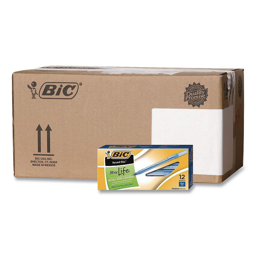 BIC Round Stic Xtra Life Ballpoint Pen, Stick, Medium 1 mm, Blue Ink, Translucent Blue Barrel, 12/Box, 36 Boxes/Carton (GSM11BECT)