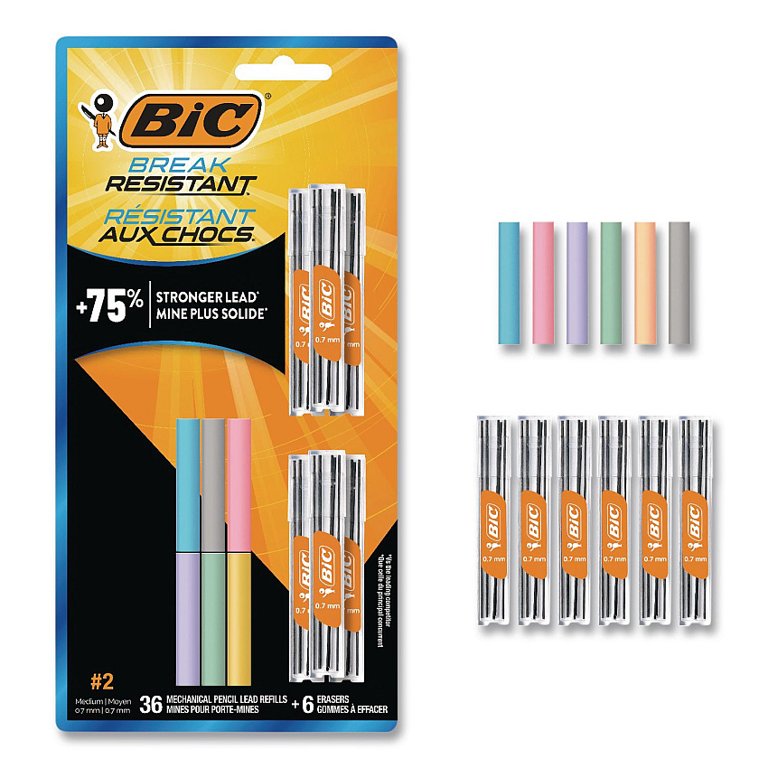 BIC Break Resistant Lead Refills, 0.7 mm, HB, Black, 6 Leads/Tube, 6 Tubes/Pack (LMV7PR42AST)