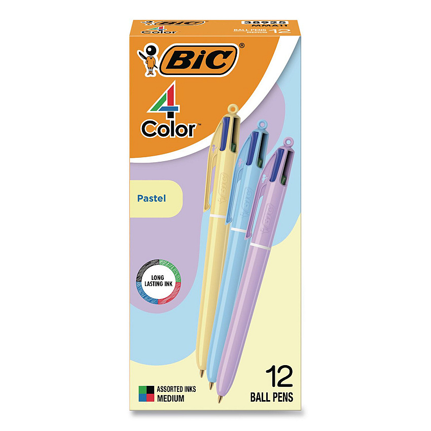 BIC 4-Color Multi-Color Ballpoint Pen, Retractable, Medium 1 mm, Black/Blue/Green/Red Ink, Assorted Pastel Barrel Colors, 12/Box (MMA11AST)