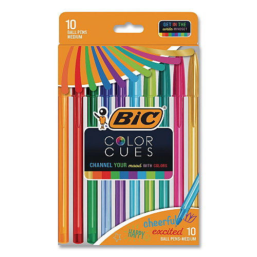 BIC Color Cues Cristal Xtra Smooth Ballpoint Pen, Stick, Medium 1.2 mm, Assorted Ink and Barrel Colors, 10/Box (WMSUA10AST)