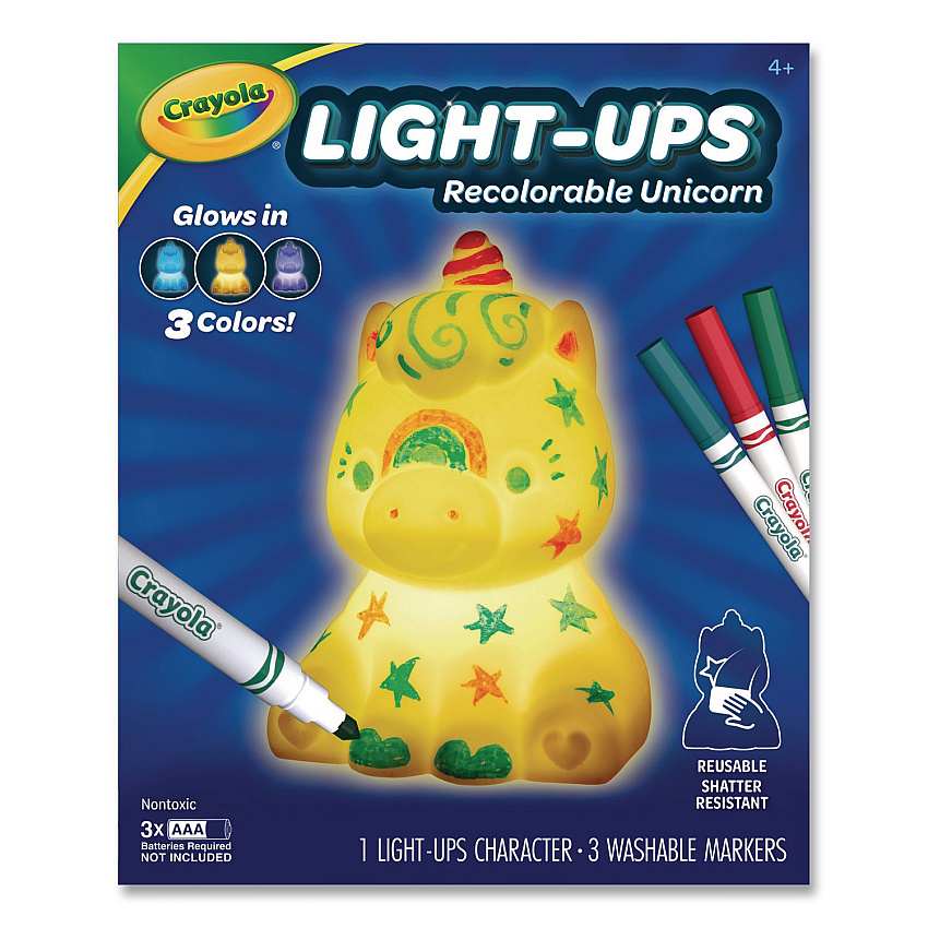 Crayola Light Ups Recolorable Unicorn with (3) Ultra-Clean Washable Markers, Ages 4 and Up, 4 Pieces (747633)