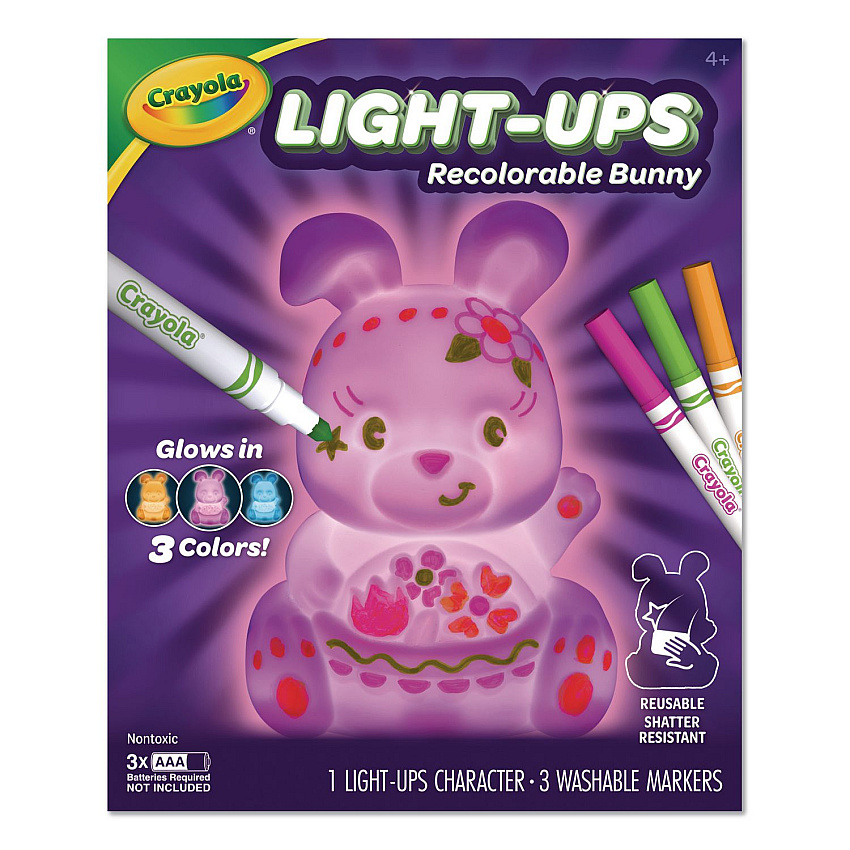 Crayola Light Ups Recolorable Bunny with (3) Ultra-Clean Washable Markers, Ages 4 and Up, 4 Pieces (747643)