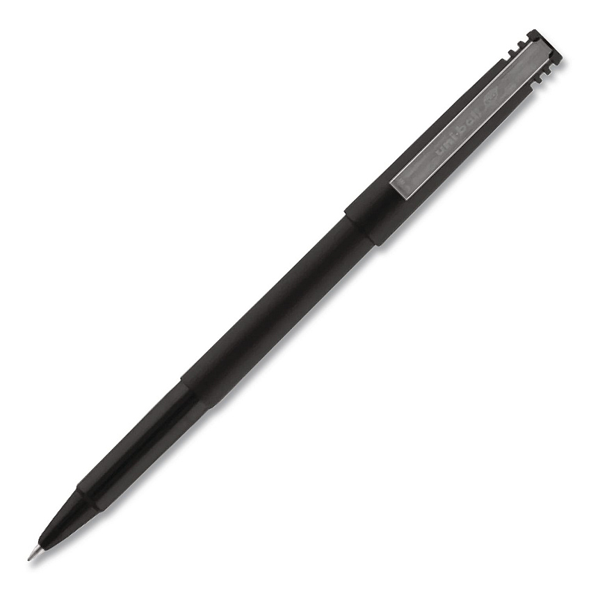 uni-ball Rollerball Pen, Stick, Micro 0.5 mm, Black Ink, Black Barrel (498774)