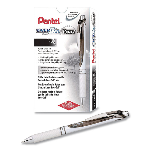 Pentel EnerGel Pearl Deluxe RTX Gel Pen, Retractable, Medium 0.7 mm, Black Ink, Pearl White/Smoke Barrel, Dozen (BL77PWADZ)