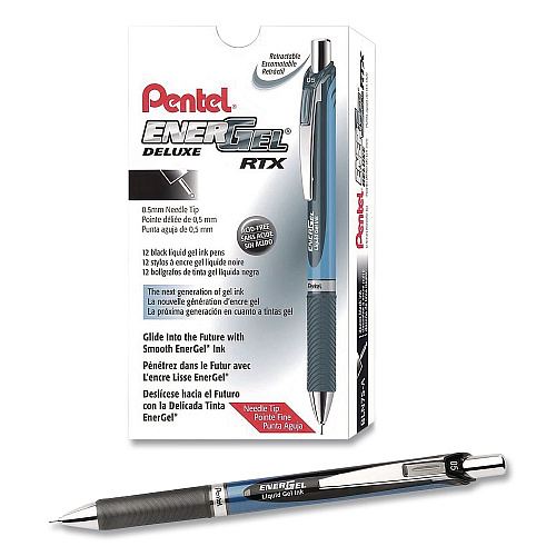 Pentel EnerGel RTX Deluxe Gel Pen, Retractable, Fine 0.5 mm, Black Ink, Black/Blue Barrel, Dozen (BLN75ADZ)