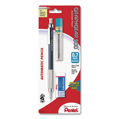 Pentel GraphGear 500 Mechanical Drafting Pencil, 0.7 mm, HB (#2), Black Lead, Black/Silver Barrel (PG527LEBPEA)