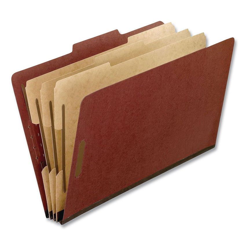 Pendaflex Heavy-Duty Pressboard Classification Folder, 2/5-Cut Tab, Expands 2", 3 Dividers, 8 Fasteners, Legal Size, Brick Red, 10/Box (2357R)