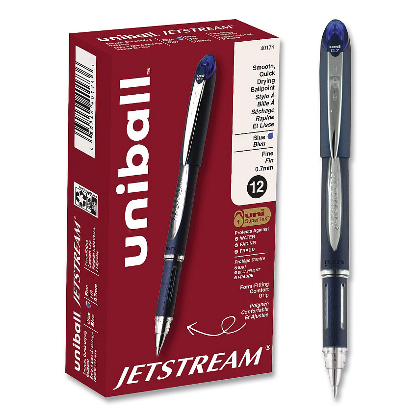 uni-ball Jetstream Form-Fitting Comfort Grip Hybrid Gel Pen, Stick, Fine 0.7 mm, Blue Ink, Black/Silver/Blue Barrel, Dozen (40174DZ)