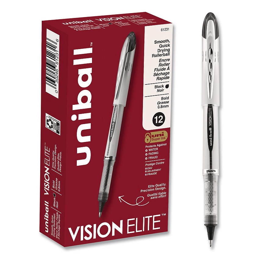 uni-ball VISION ELITE Rollerball Pen, Stick, Bold 0.8 mm, Black Ink, White/Black/Clear Barrel, Dozen (61231DZ)