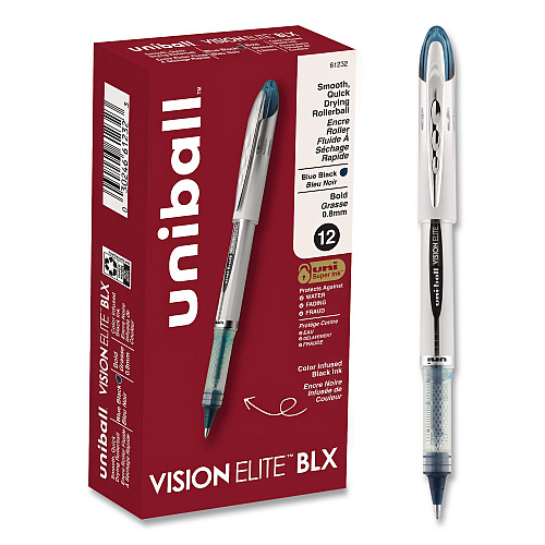 uni-ball VISION ELITE BLX Series Rollerball Pen, Stick, Bold 0.8 mm, Blue-Infused Black Ink, White/Blue/Clear Barrel, Dozen (61232DZ)