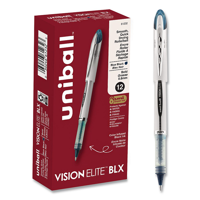uni-ball VISION ELITE BLX Series Rollerball Pen, Stick, Bold 0.8 mm, Blue-Infused Black Ink, White/Blue/Clear Barrel, Dozen (61232DZ)