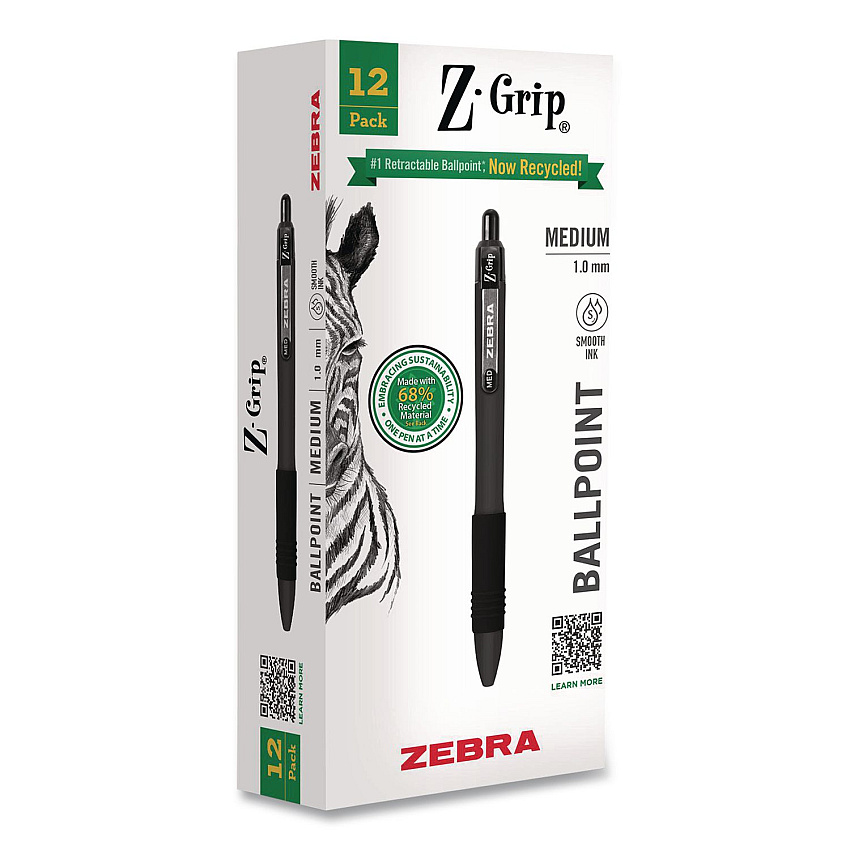 Zebra Z-Grip Recycled Retractable Ballpoint Pen, Medium 1 mm, Black Ink, Black Barrel, Dozen (20610)