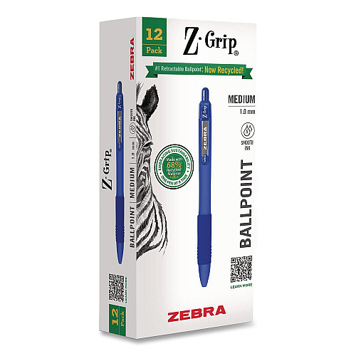 Zebra Z-Grip Recycled Retractable Ballpoint Pen, Medium 1 mm, Blue Ink, Blue Barrel, Dozen (20620)