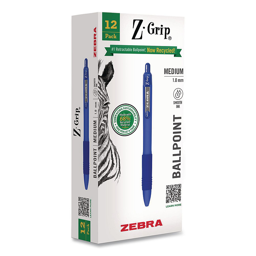 Zebra Z-Grip Recycled Retractable Ballpoint Pen, Medium 1 mm, Blue Ink, Blue Barrel, Dozen (20620)