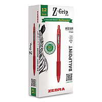Zebra Z-Grip Recycled Retractable Ballpoint Pen, Medium 1 mm, Red Ink, Red Barrel, Dozen (20630)