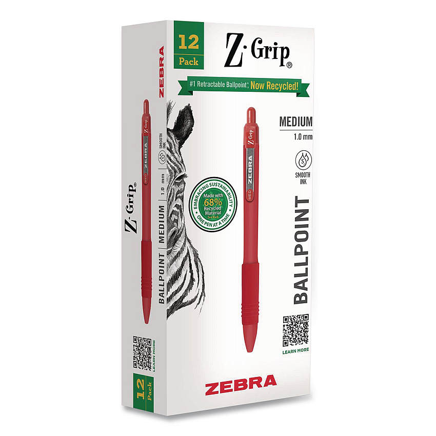 Zebra Z-Grip Recycled Retractable Ballpoint Pen, Medium 1 mm, Red Ink, Red Barrel, Dozen (20630)