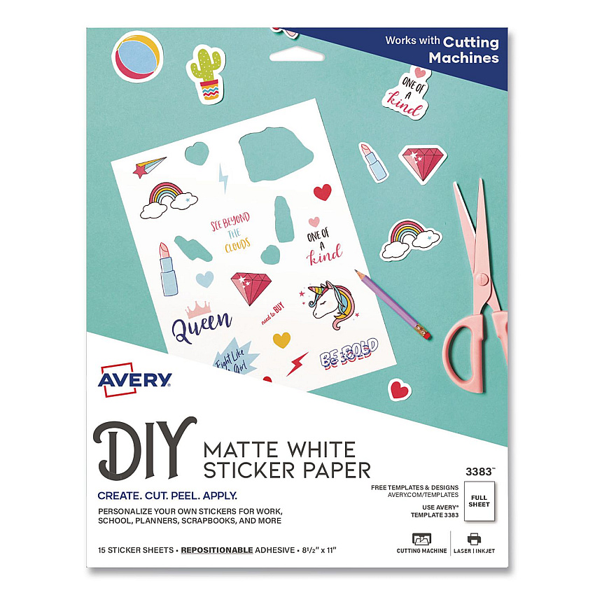 Avery Multipurpose Sticker Project Paper, Inkjet, 8.5 x 11, 15 Sheets/Pack (3383)