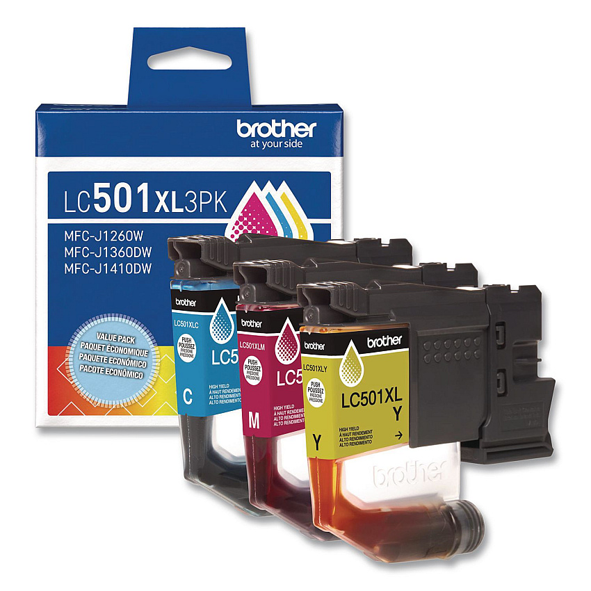 Brother LC501XL3PKS High-Yield Ink, 500 Page-Yield, Cyan/Magenta/Yellow, 3/Pack