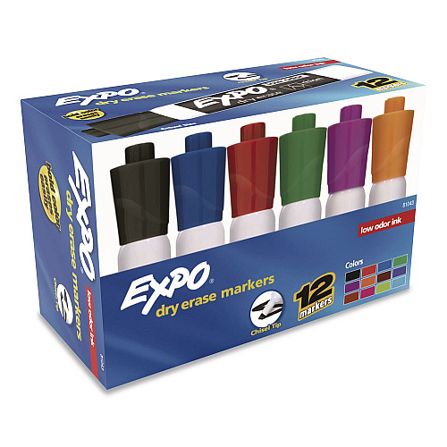 EXPO Low-Odor Dry-Erase Marker, Broad Chisel Tip, Assorted Colors, 12/Box (81043A)