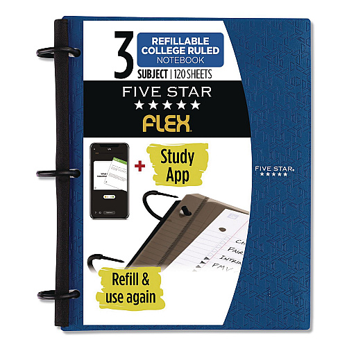 Five Star FLEX Notebinder, 1" TechLock Rings, 3-Subject, Medium/College Rule, Randomly Assorted Cover Colors, (120) 11 x 8.5 Sheets (08126)