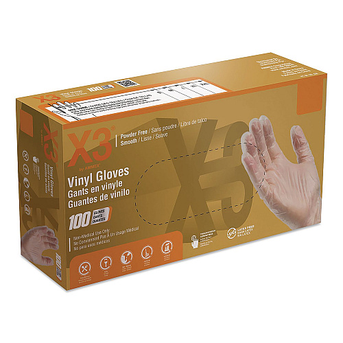 X3 by AMMEX Industrial Vinyl Gloves, Powder-Free, Large, 3 mil Thick, 9.5" Long, Clear, 100/Box (GPX346100)